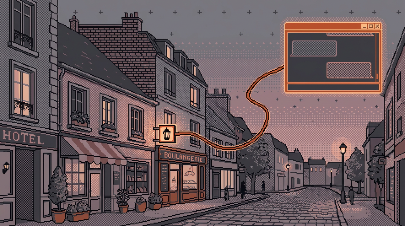 Illustration en pixel art : une rue française avec un hôtel et une boulangerie, dont l’enseigne est reliée par un câble à une fenêtre de discussion.